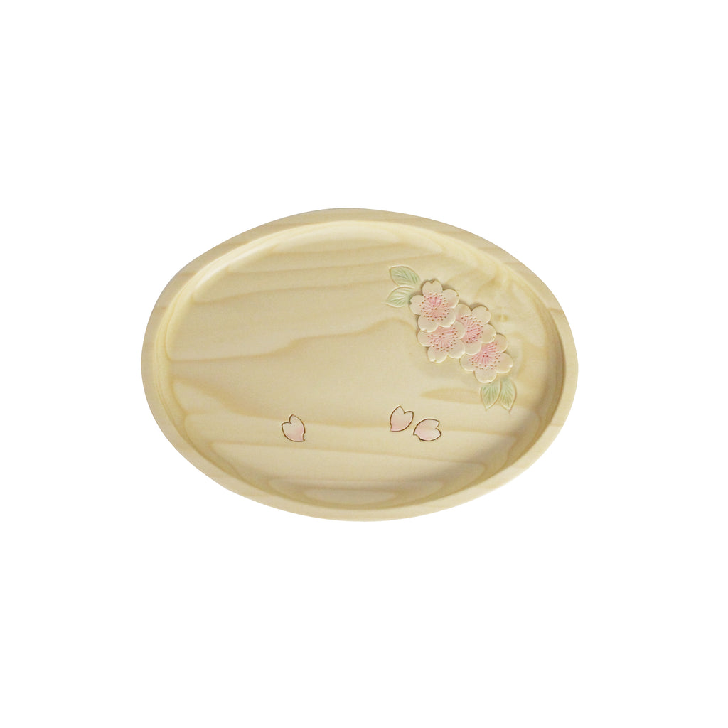 盆　楕円21.5×15.5cm　桜彫　彩色