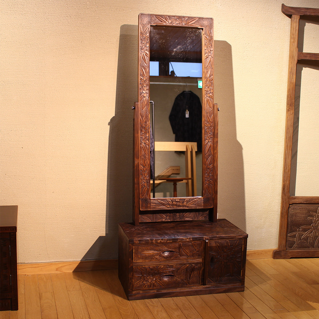 【在庫有】ヴィンテージ　姿見鏡台（シャクナゲ彫）