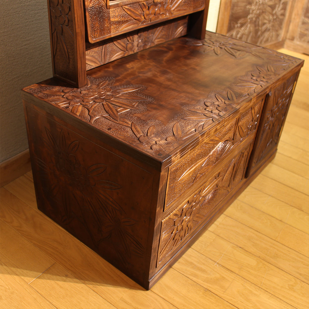 【在庫有】ヴィンテージ　姿見鏡台（シャクナゲ彫）