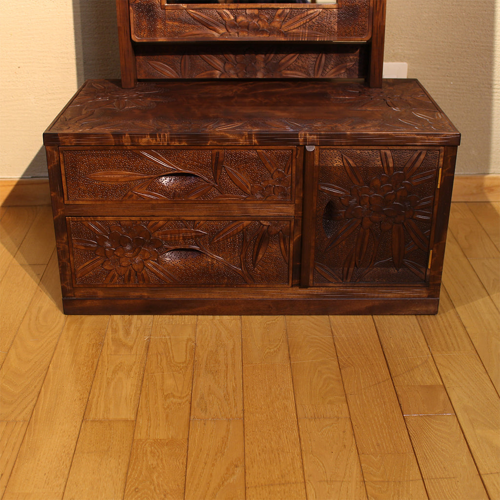 【在庫有】ヴィンテージ　姿見鏡台（シャクナゲ彫）